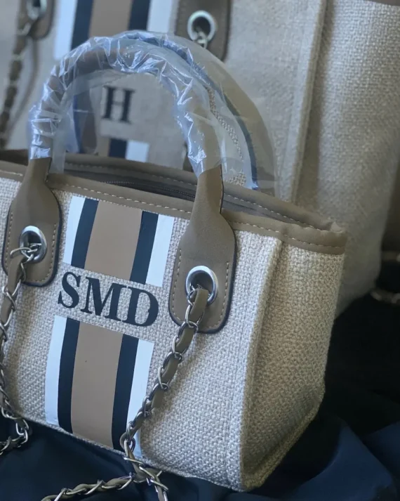 Personalized Monogram Tote Bag Customised Chain Handbag White Stripe Initials Beach Holiday Canvas Tote Bag Bride Gifts