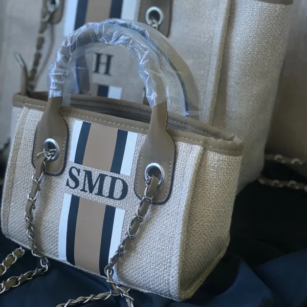 Personalized Monogram Tote Bag Customised Chain Handbag White Stripe Initials Beach Holiday Canvas Tote Bag Bride Gifts