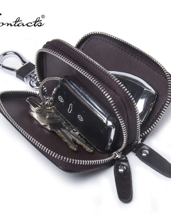 CONTACT'S Genuine Leather Car Key Wallets Fashion Key Holder Housekeeper Keys Organizer Double Zipper Keychain Case Key Pouch