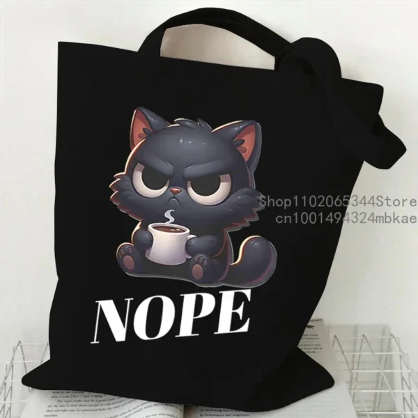 Cartoon Coffee Cat Shoulder Bag Women Harajuku Fashion Funny Canvas Tote Bag "I Don't Like Morning People" Teen Shopper Handbag