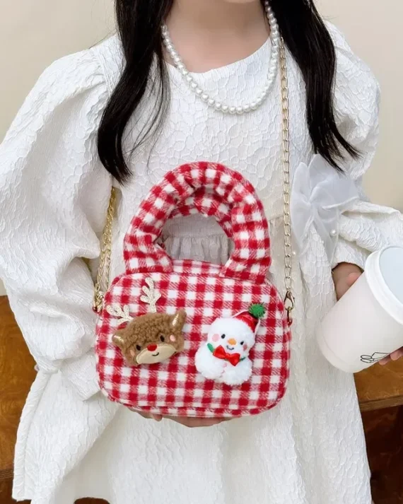 Cute Cartoon Plaid Baby Girls Shoulder Bags Festival Kids Small Handbags Sweet Princess Children's Plush Crossbody Bag Purse
