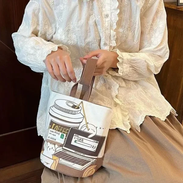 Casual Large Capacity Cartoon Coffee Cat Bucket Bag Korean Style Shopping Bags Mummy Bag Canvas Handbag Tote Bag Lunch Bag Girls