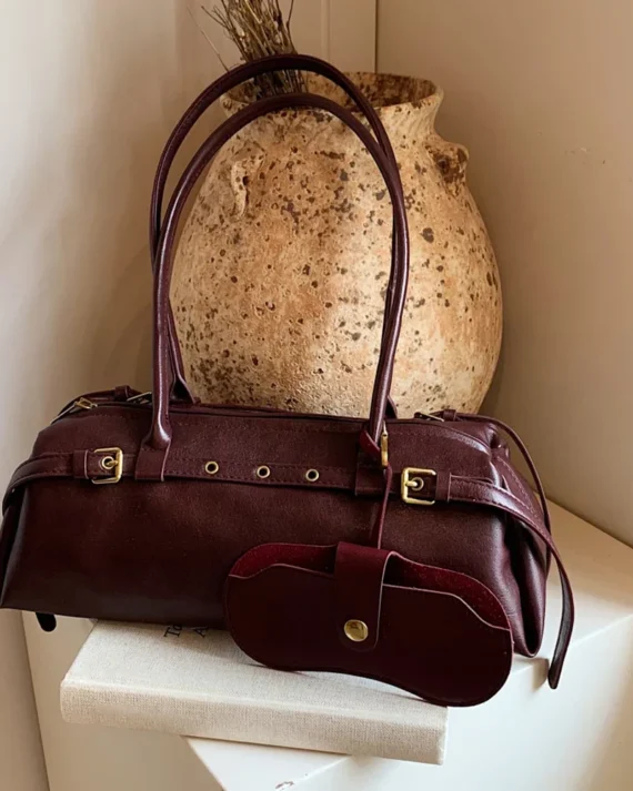 Boston Handbag for Women Solid Shoulder Bag PU Leather Casual Bowling Bag Retro Commuter Bag