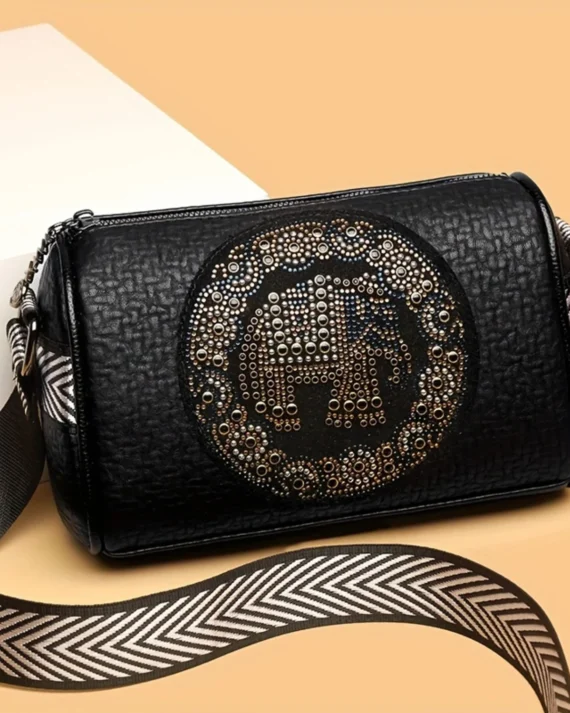 Circle Design Boston Bag, Fashion Shoulder Crossbody Bag Women, Versatile Soft PU Leather Wide Strap