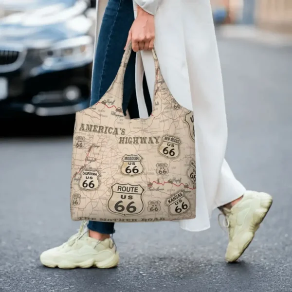 Kawaii Printing Vintage American Map Route 66 Pattern Tote Shopping Bags Portable Canvas Shopper Shoulder USA Highways Handbag