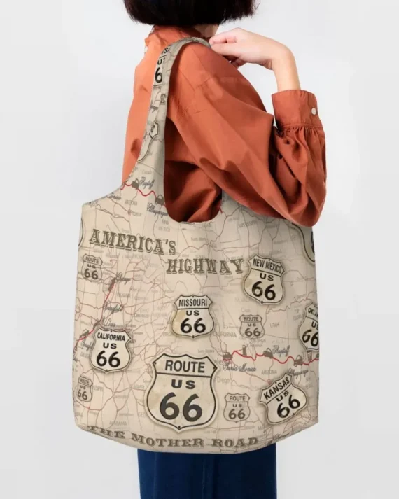 Kawaii Printing Vintage American Map Route 66 Pattern Tote Shopping Bags Portable Canvas Shopper Shoulder USA Highways Handbag