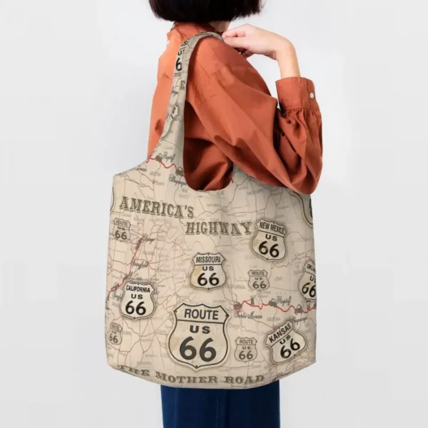 Kawaii Printing Vintage American Map Route 66 Pattern Tote Shopping Bags Portable Canvas Shopper Shoulder USA Highways Handbag