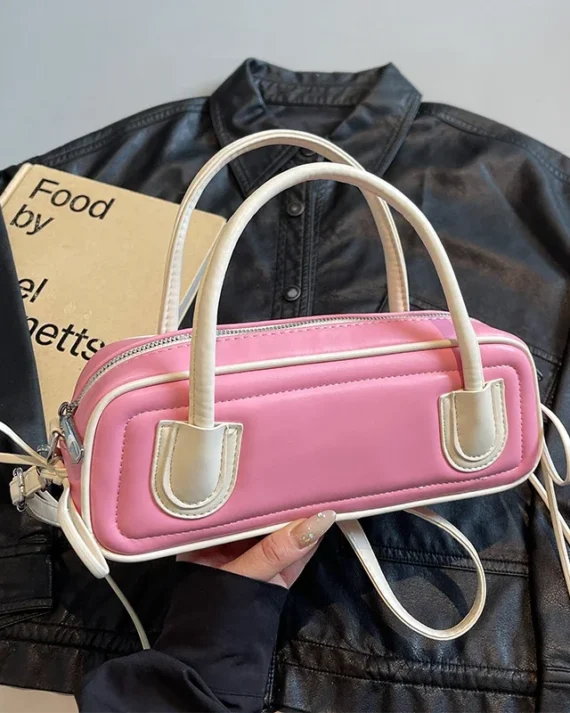 Pink Small Handbag For Women Brand Boston Bag Contrast Color Pu Leather Shoulder Crossbody Bag Lady Fashion Pillow Travel Bag