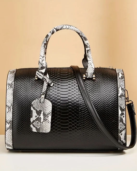 Portable Boston Bag, Snake Pattern Large Capacity Crossbody Bag, Solid Color Zipper Handbag