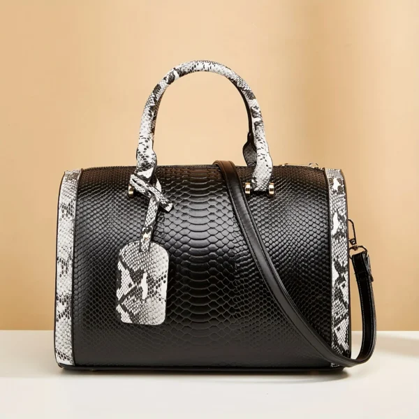 Portable Boston Bag, Snake Pattern Large Capacity Crossbody Bag, Solid Color Zipper Handbag