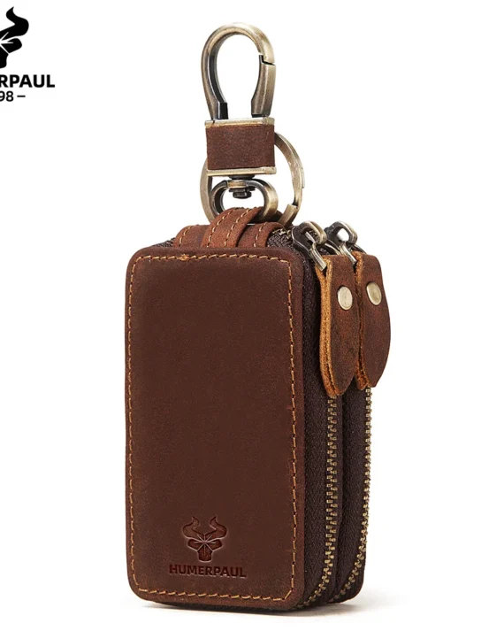 HUMERPAUL Genuine Leather Home Car Keys' Bag Double Pocket Zipper Mini Wallet Portable Men Women's Key Holder Storage Bag