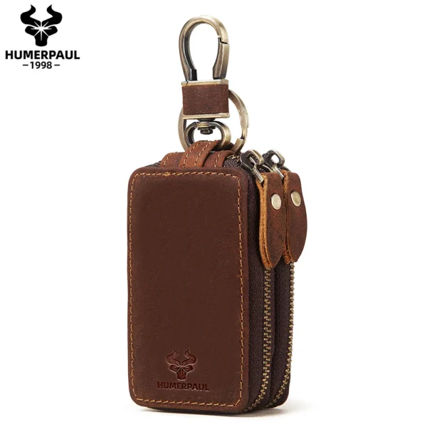 HUMERPAUL Genuine Leather Home Car Keys' Bag Double Pocket Zipper Mini Wallet Portable Men Women's Key Holder Storage Bag