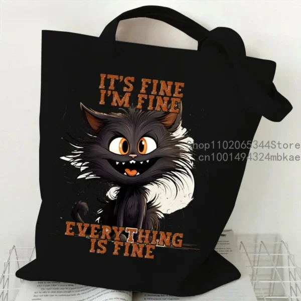 Cartoon Coffee Cat Shoulder Bag Women Harajuku Fashion Funny Canvas Tote Bag "I Don't Like Morning People" Teen Shopper Handbag