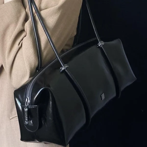 Women's Vintage Boston Handbag PU Leather Motorcycle Pillow Shoulder Bag Large Capacity Chic Underarm Bag High Quality Black Bag