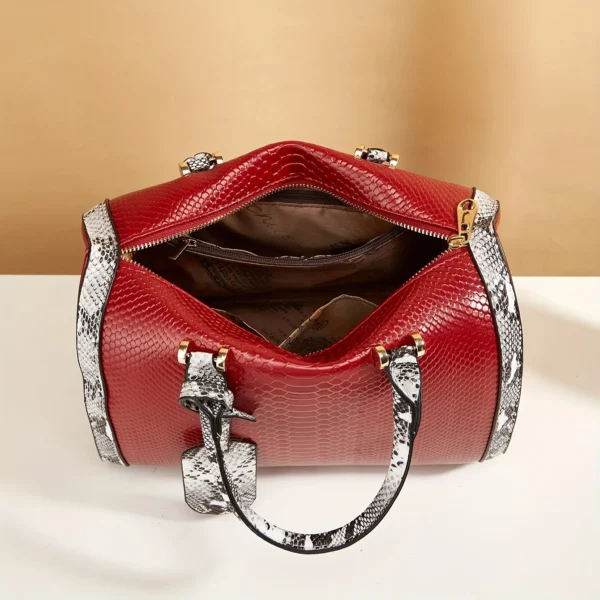 Portable Boston Bag, Snake Pattern Large Capacity Crossbody Bag, Solid Color Zipper Handbag