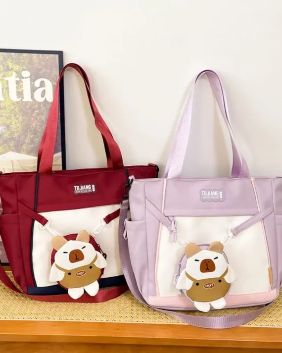 Lovely Japanese Style Capybara Shoulder Bag Causal Harajuku Canvas Tote Bag Oxford Cloth Large Students School Bag Daily