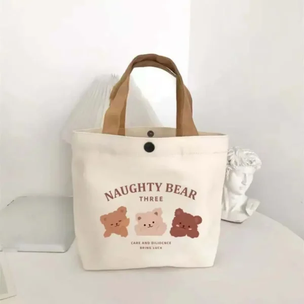 Cute Bear Canvas Tote Food Bag Women Japanese Peach Lunch Bag Korean Mini Handbags Lunch Box Cloth Picnic Travel Storage Bags