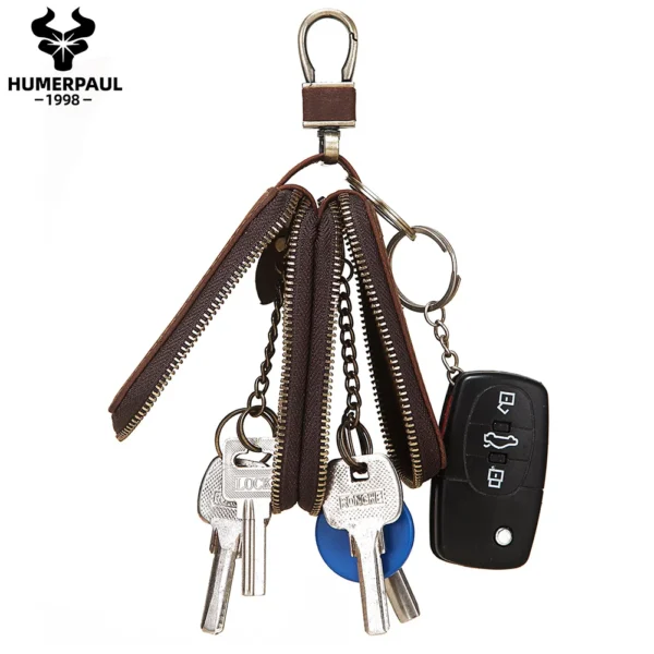 HUMERPAUL Genuine Leather Home Car Keys' Bag Double Pocket Zipper Mini Wallet Portable Men Women's Key Holder Storage Bag