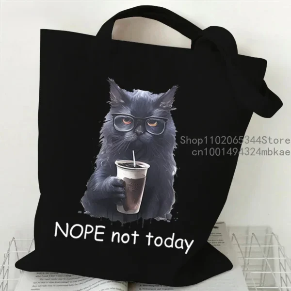Cartoon Coffee Cat Shoulder Bag Women Harajuku Fashion Funny Canvas Tote Bag "I Don't Like Morning People" Teen Shopper Handbag
