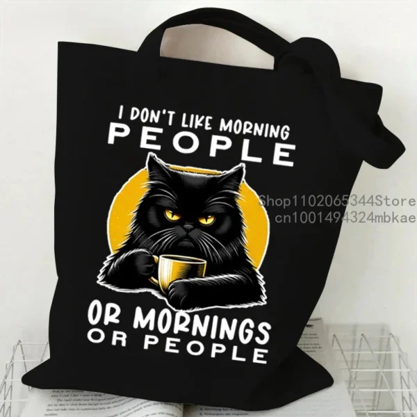 Cartoon Coffee Cat Shoulder Bag Women Harajuku Fashion Funny Canvas Tote Bag "I Don't Like Morning People" Teen Shopper Handbag