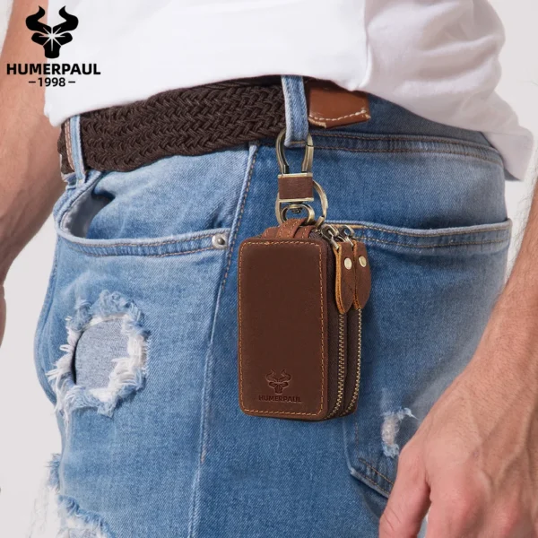 HUMERPAUL Genuine Leather Home Car Keys' Bag Double Pocket Zipper Mini Wallet Portable Men Women's Key Holder Storage Bag