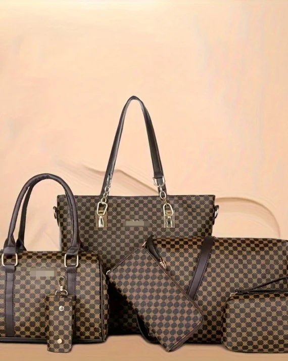 6pcs Geometric Pattern Bag Set, Fashion Tote Bag With Boston Handbag Crossbody Bag Long Wallet Clutch Bag Holder For Women