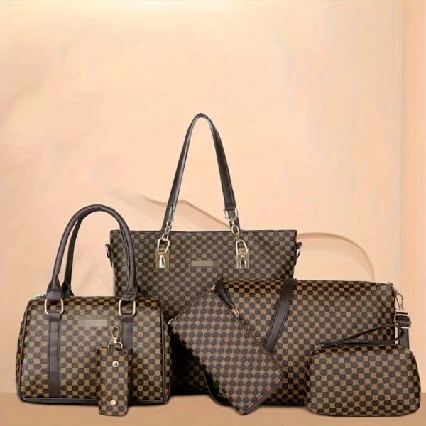 6pcs Geometric Pattern Bag Set, Fashion Tote Bag With Boston Handbag Crossbody Bag Long Wallet Clutch Bag Holder For Women