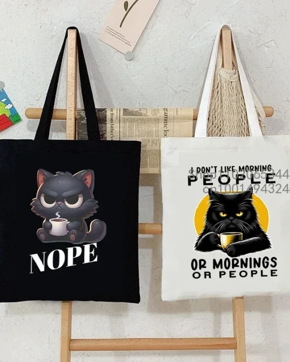 Cartoon Coffee Cat Shoulder Bag Women Harajuku Fashion Funny Canvas Tote Bag "I Don't Like Morning People" Teen Shopper Handbag