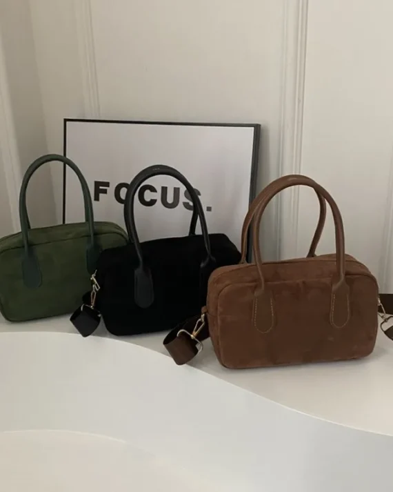Retro Suede Women Top Handle Bag High Quality Crossbody Bag Solid Color Tote Bag Large Capacity Boston Bag Autumn Winter Handbag