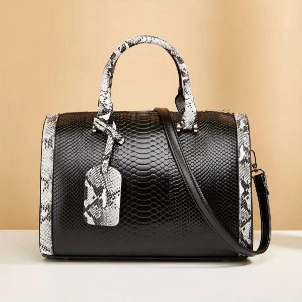 Portable Boston Bag, Snake Pattern Large Capacity Crossbody Bag, Solid Color Zipper Handbag