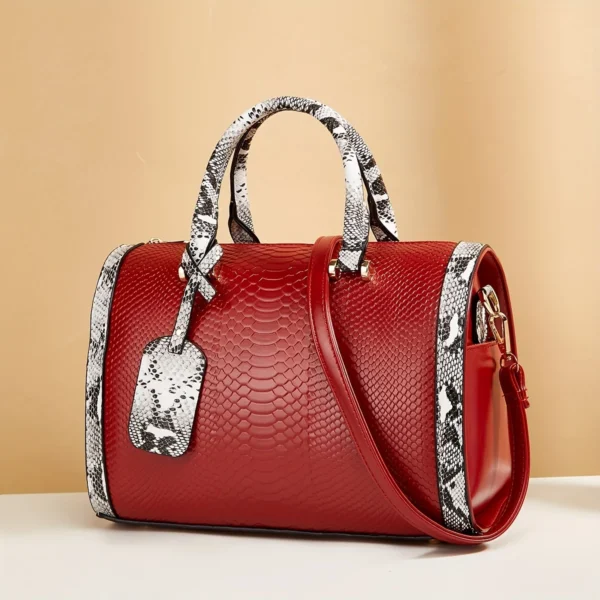 Portable Boston Bag, Snake Pattern Large Capacity Crossbody Bag, Solid Color Zipper Handbag