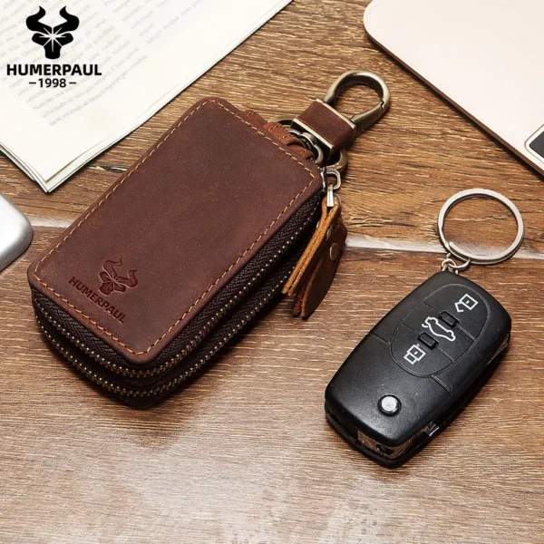 HUMERPAUL Genuine Leather Home Car Keys' Bag Double Pocket Zipper Mini Wallet Portable Men Women's Key Holder Storage Bag