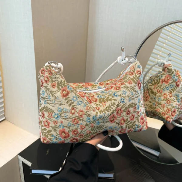 Literary Vintage Flower Print Design Underarm Bag Small Floral Canvas Shoulder Bag Fashion Women Handbag Casual Tote Armpit Bags