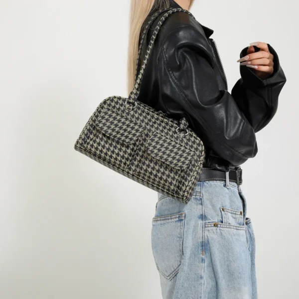 Vintage Women Business Shoulder Bags Simple Ladies Commute Tote Bag Pu Leather Female Underarm Bag Houndstooth Handbags Purse