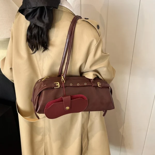 Boston Handbag for Women Solid Shoulder Bag PU Leather Casual Bowling Bag Retro Commuter Bag