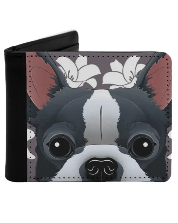 Peeking Boston Terrier Flower Version Personalized Men's Leather Wallet Card Money Bag Pu Leather Wallet Boston Terrier Dog Dog
