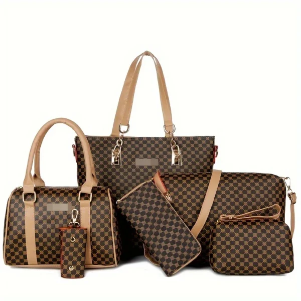 6pcs Geometric Pattern Bag Set, Fashion Tote Bag With Boston Handbag Crossbody Bag Long Wallet Clutch Bag Holder For Women