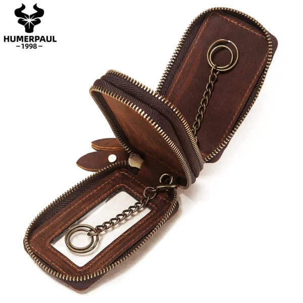 HUMERPAUL Genuine Leather Home Car Keys' Bag Double Pocket Zipper Mini Wallet Portable Men Women's Key Holder Storage Bag
