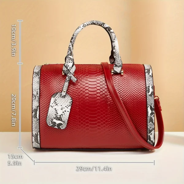 Portable Boston Bag, Snake Pattern Large Capacity Crossbody Bag, Solid Color Zipper Handbag