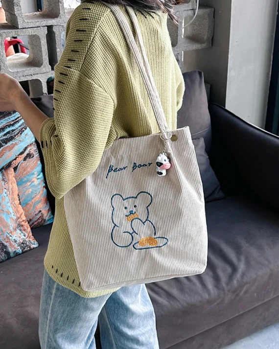 Women Corduroy Shoulder Bags Bear Pattern Ladies Casual Handbag Reusable Large Capacity Tote Bags Casual Female Shopping Bags