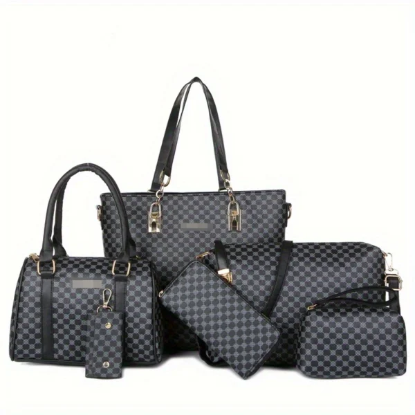 6pcs Geometric Pattern Bag Set, Fashion Tote Bag With Boston Handbag Crossbody Bag Long Wallet Clutch Bag Holder For Women