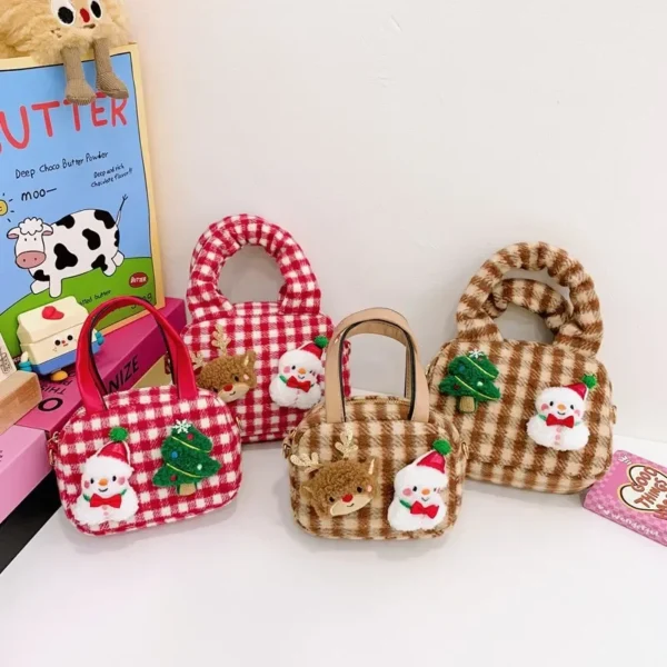 Cute Cartoon Plaid Baby Girls Shoulder Bags Festival Kids Small Handbags Sweet Princess Children's Plush Crossbody Bag Purse