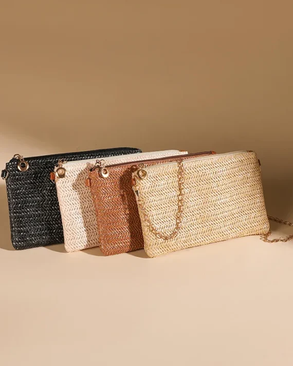 New Straw Clutch Purses for Women Causal Holiday Beach Wristlet Wallet Small Cross body bag Brown