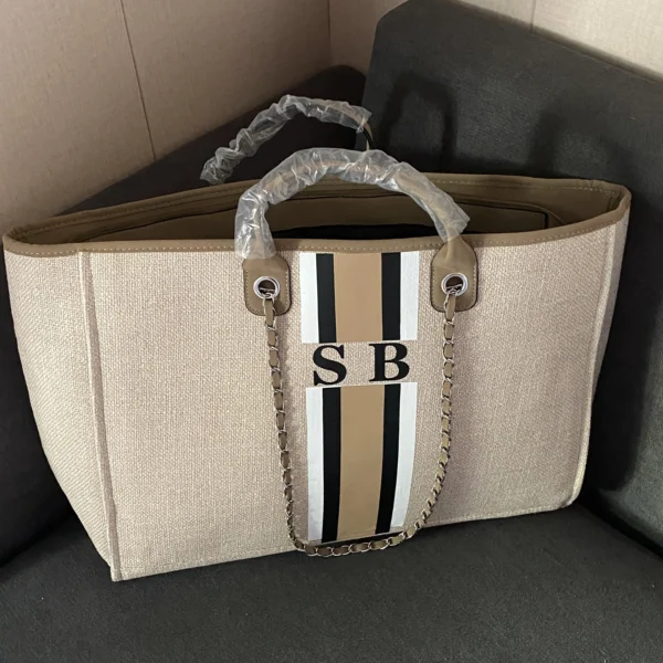 Personalized Monogram Tote Bag Customised Chain Handbag White Stripe Initials Beach Holiday Canvas Tote Bag Bride Gifts