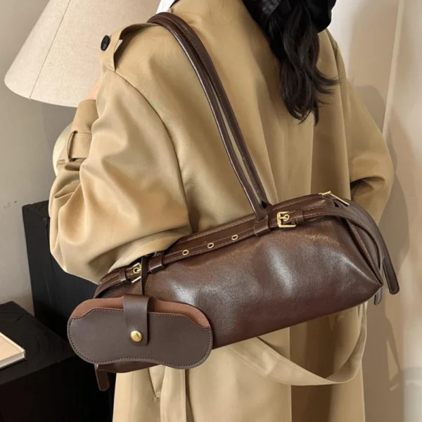 Boston Handbag for Women Solid Shoulder Bag PU Leather Casual Bowling Bag Retro Commuter Bag