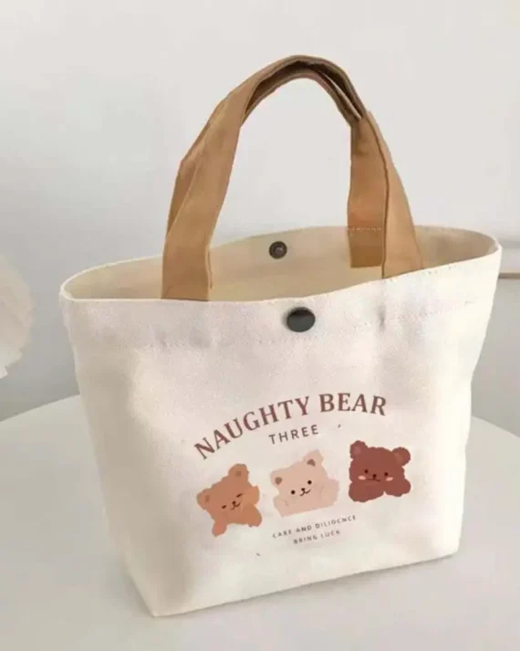 Cute Bear Canvas Tote Food Bag Women Japanese Peach Lunch Bag Korean Mini Handbags Lunch Box Cloth Picnic Travel Storage Bags