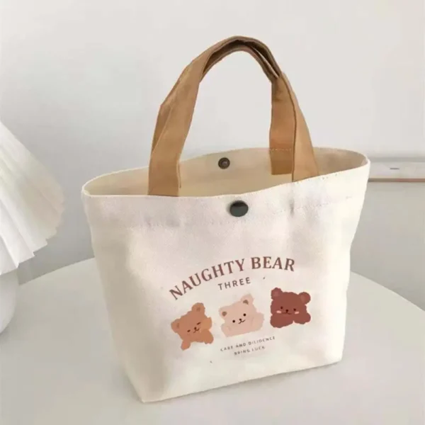 Cute Bear Canvas Tote Food Bag Women Japanese Peach Lunch Bag Korean Mini Handbags Lunch Box Cloth Picnic Travel Storage Bags