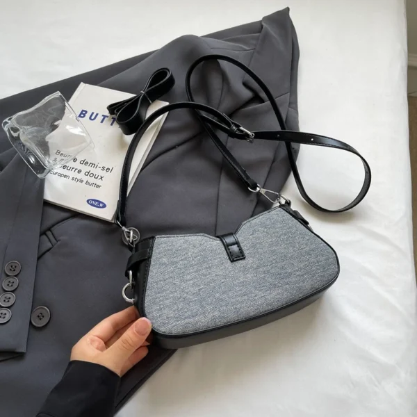 1 piece of denim spliced PU fabric armpit stick bag, women's buckle shoulder bag suitable for girls, women, college students, ne
