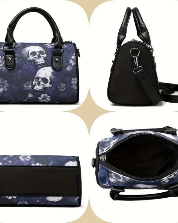 Classic Skull & Flower Pattern Boston Shoulder Bag, Casual Lightweight Top Handle Satchel Bag For Women Boggs beach bags Pvc